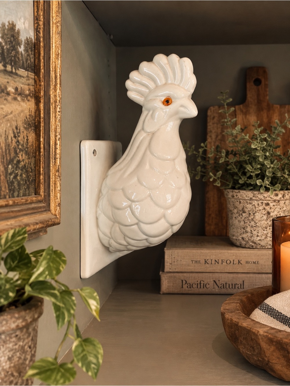 Vintage 1960’s White Ceramic Rooster Wall Mount